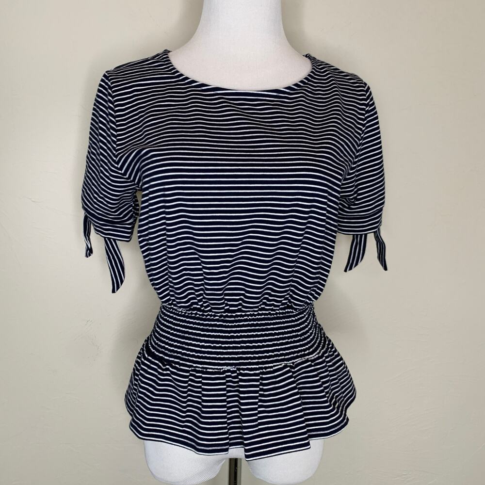 Maison Jules Blue White Striped Elastic Waist Top Sz Medium